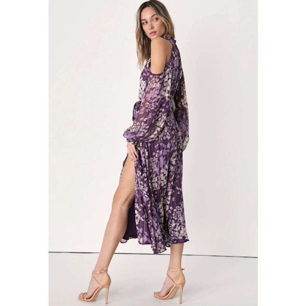 Lulus Storybook Sweetheart Cold Shoulder Midi Dress Floral Halter Ruffle Belted - Picture 4 of 13